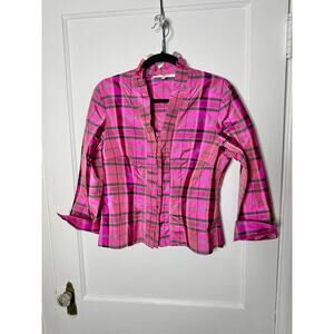 Marisa Baratelli 100% Thai Silk Ruffle Pink Plaid Y2K Blouse Women's Size 8
